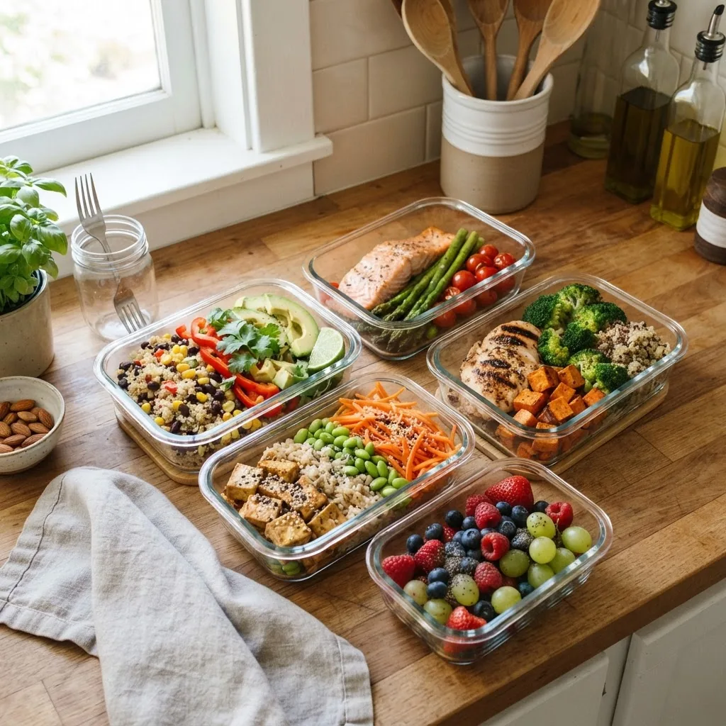 A bright, natural light photo of a colorful clean eating meal prep setup on a kitchen counter featuring glass containers with fresh