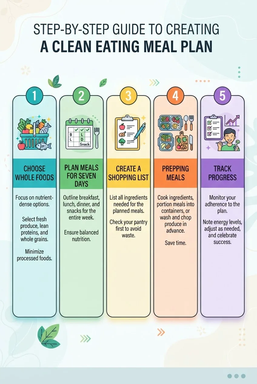 illustrates a step-by-step process for creating a clean eating meal plan, structured in five sequential vertical boxes showing: 1) choosing
