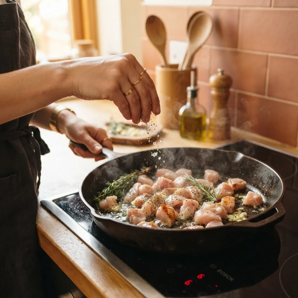 Close-up image of a hand seasoning a simple pan with clean protein such as turkey breast strips on a modern stovetop, warm natural
