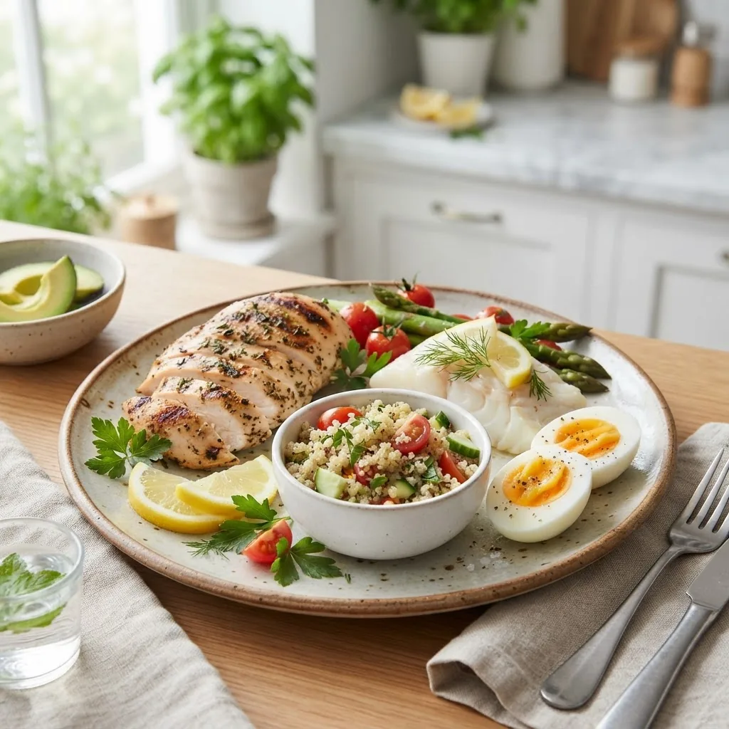 High-resolution photo of a neatly arranged plate with a variety of clean protein foods including grilled chicken breast, steamed fish,