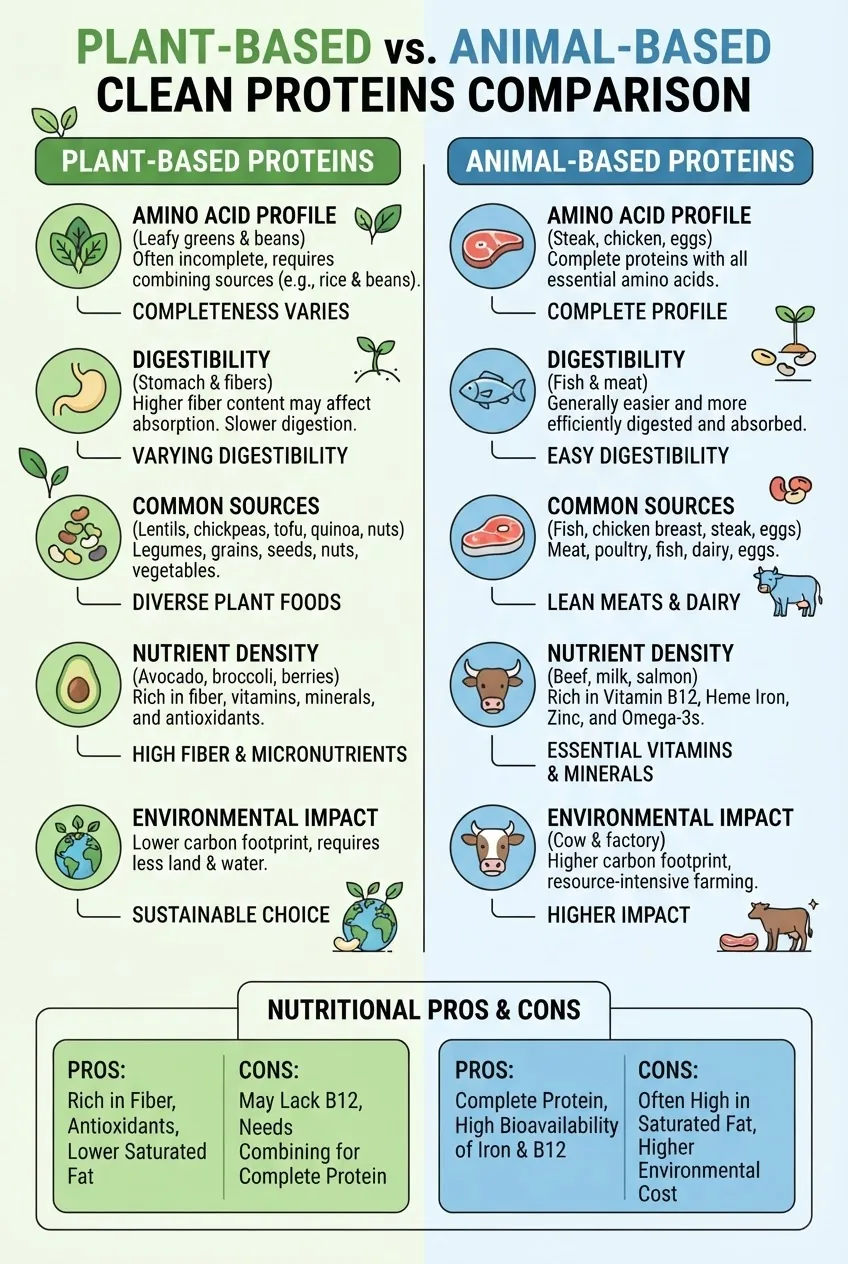 A clean, minimalist infographic comparing plant-based and animal-based clean proteins, structured in two columns: each column features 5