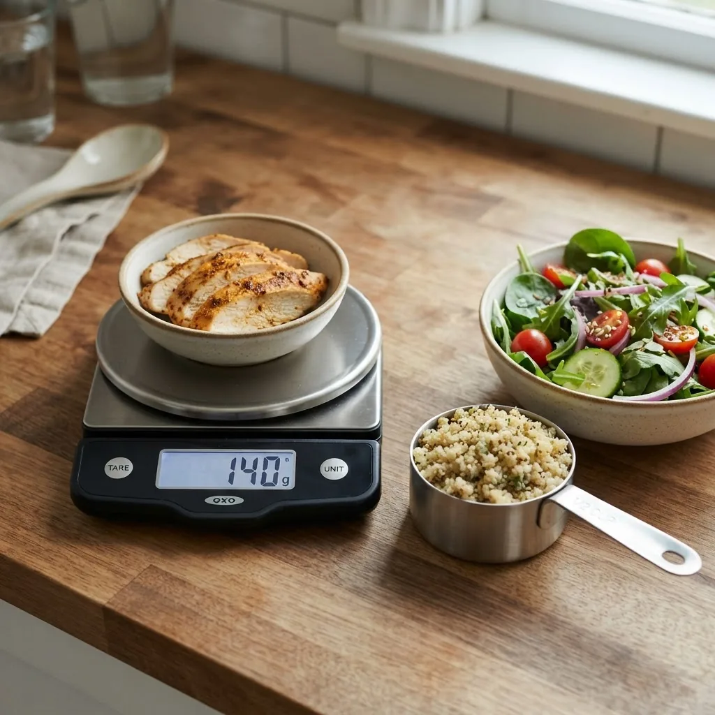 a kitchen scale with cooked chicken breast being weighed to 140 grams, with nearby measuring cups displaying 1/2 cup of quinoa and a bowl