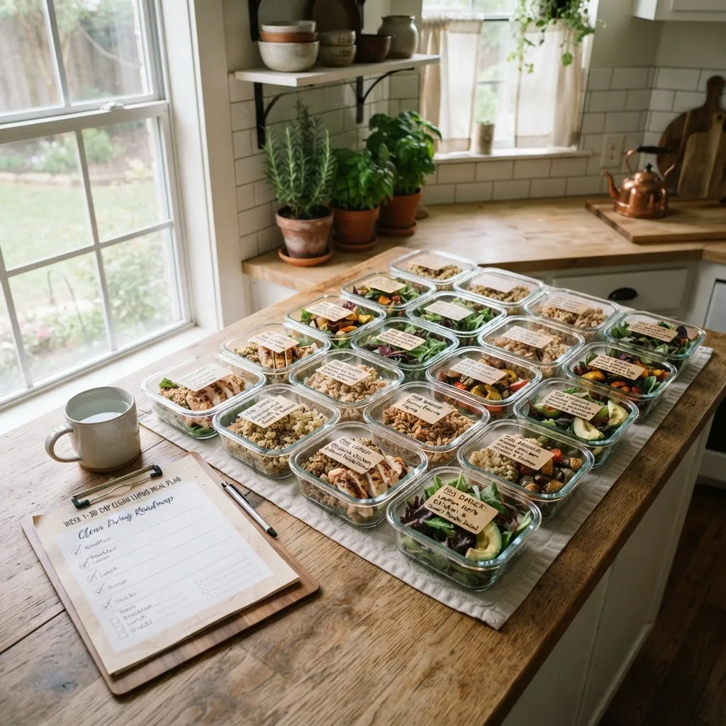 a 30-day clean living meal plan week laid out on a kitchen counter with labeled containers showing portioned chicken, grains, salad, and a