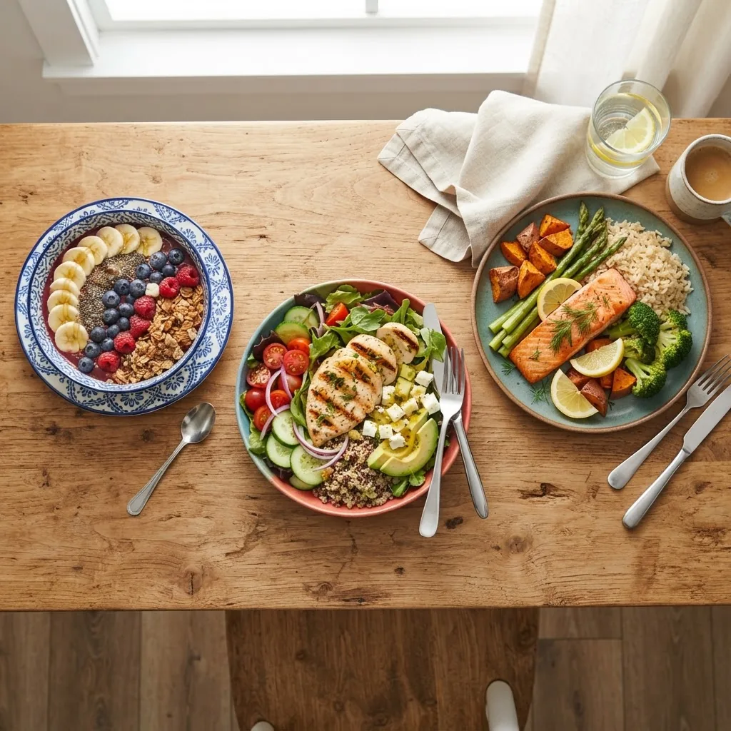 A bright, colorful overhead shot of three plates arranged for breakfast, lunch, and dinner, each plate featuring vibrant lean proteins,