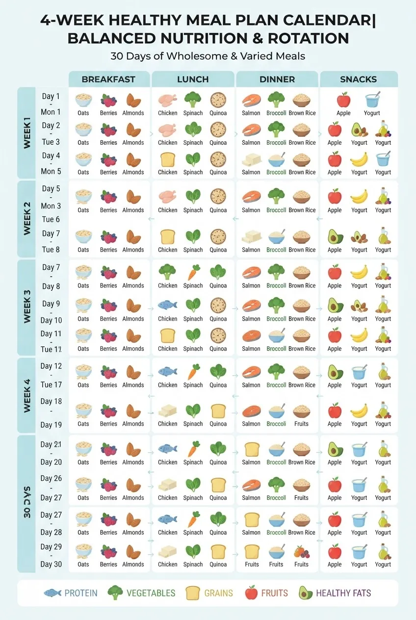 A clean, structured infographic showing a 4-week calendar layout with four columns: breakfast, lunch, dinner, snacks; each cell has small
