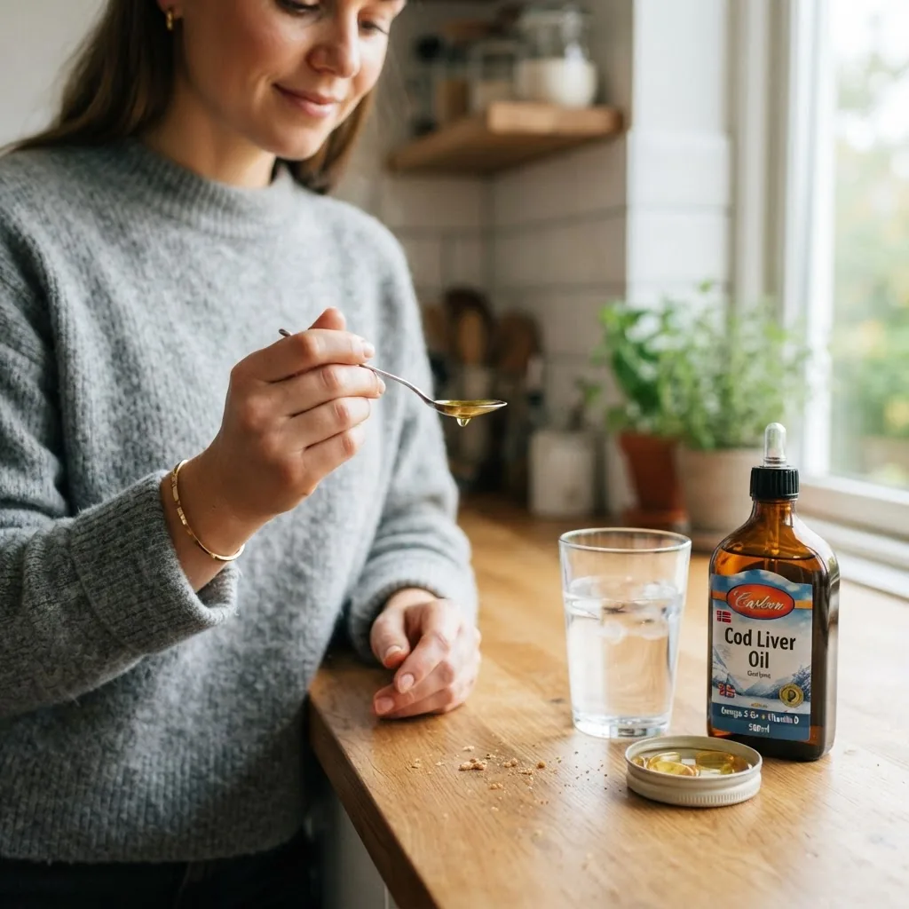 A bright kitchen setting image showing a person holding a spoon with liquid cod liver oil, next to a glass of water and a supplement