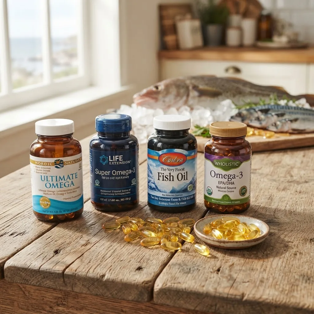 Close-up, natural sunlight photo of various fish oil supplement bottles and capsules arranged on a wooden table, with a fresh cod fish and