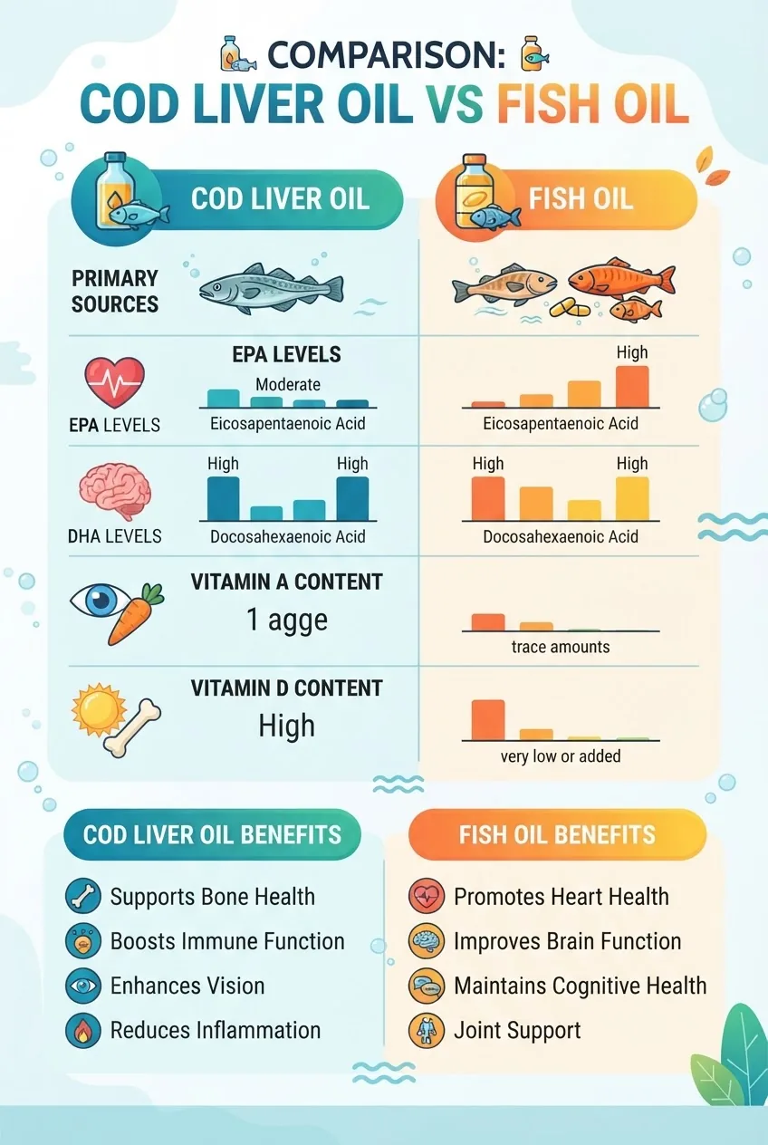 A clean, colorful infographic showing a side-by-side comparison chart of cod liver oil vs fish oil nutritional components, including EPA,