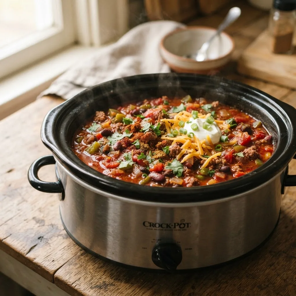 close-up of a slow cooker filled with a vibrant winter chili stew, showing rich colors and textures, with the cooker on a rustic kitchen