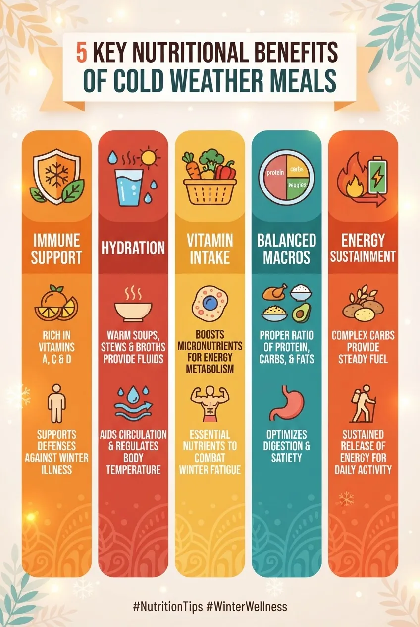 illustrates 5 key nutritional benefits of cold weather meals: immune support, hydration, vitamin intake, balanced macros, and energy