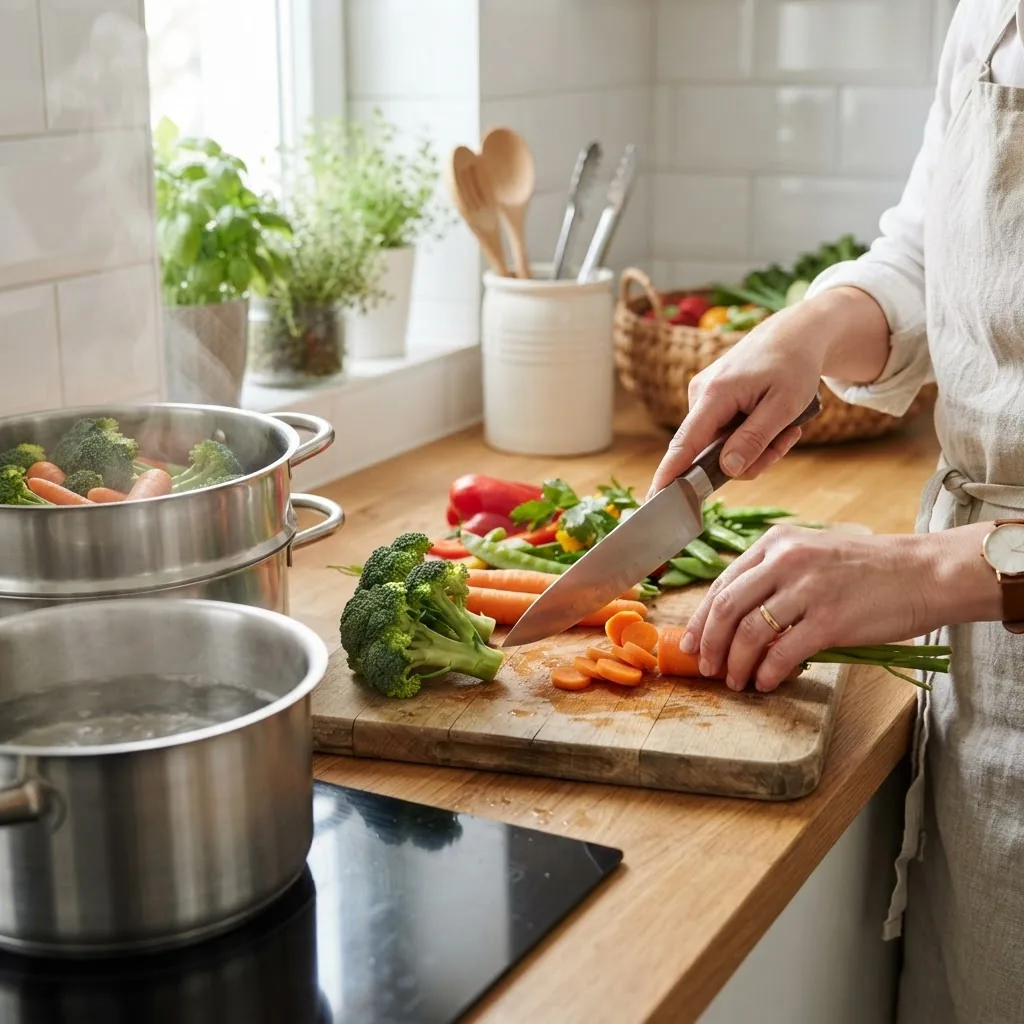 Close-up of a person’s hands preparing fresh vegetables on a kitchen counter using healthy cooking utensils, illustrating steaming and