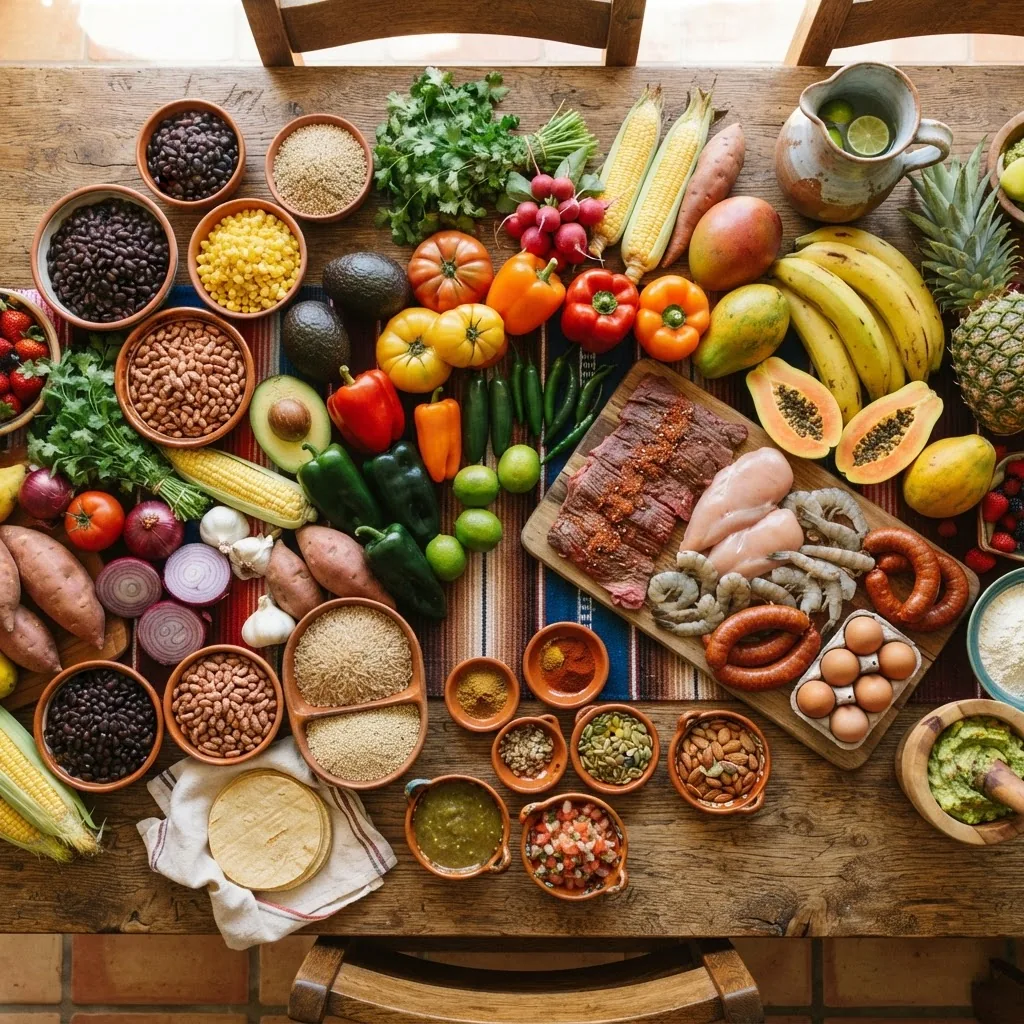 A vibrant, colorful, top-down view of a rustic wooden table displaying a variety of fresh fruits, vegetables, whole grains, legumes, nuts,