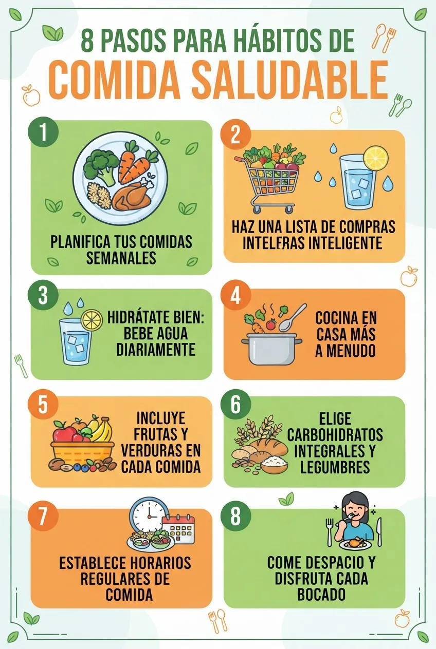A visually balanced infographic featuring a numbered checklist of 8 steps to implement comida saludable habits, each step paired with a