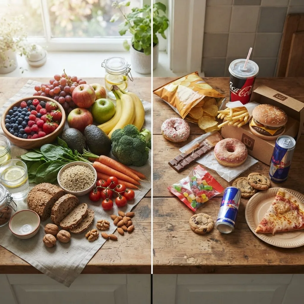 Overhead shot of two contrasting food groupings on a kitchen countertop: one side featuring fresh fruits, vegetables, nuts, and whole