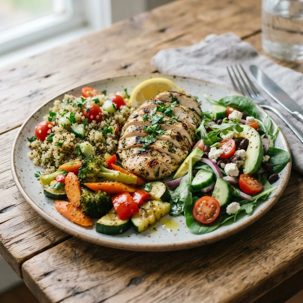 Close-up view of a colorful, diverse meal plate showing a balanced healthy diet plan, including vegetables, lean protein (like grilled