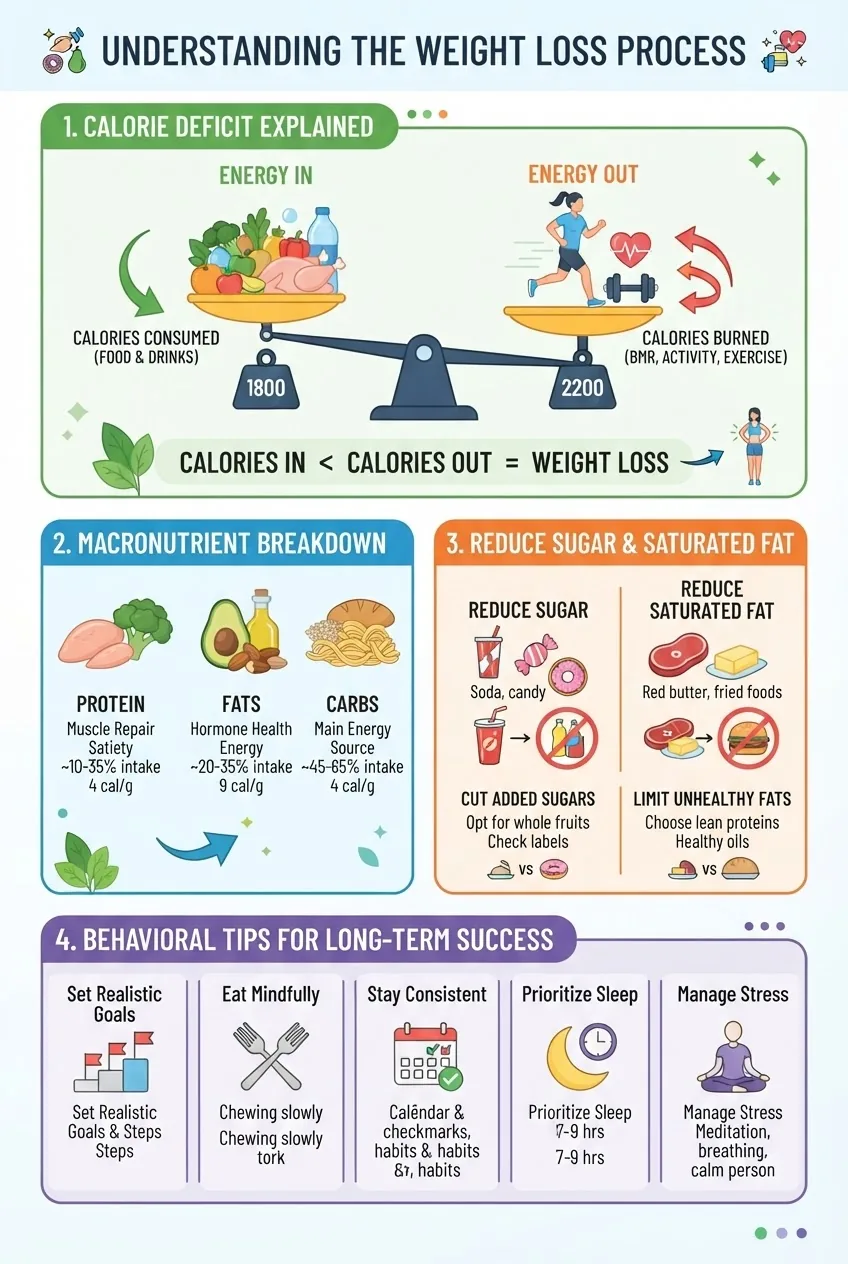 illustrates the weight loss process: 1) calorie deficit explained visually with an energy balance scale, 2) macronutrient breakdown icons
