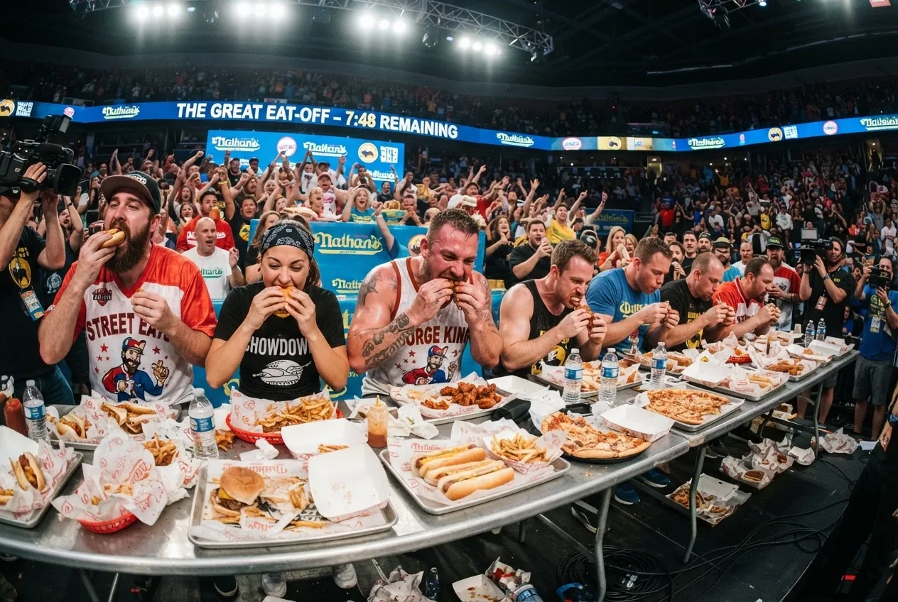 a dynamic wide-angle photograph of a diverse group of competitive eaters sitting at a long table crowded with various foods, mid-contest,