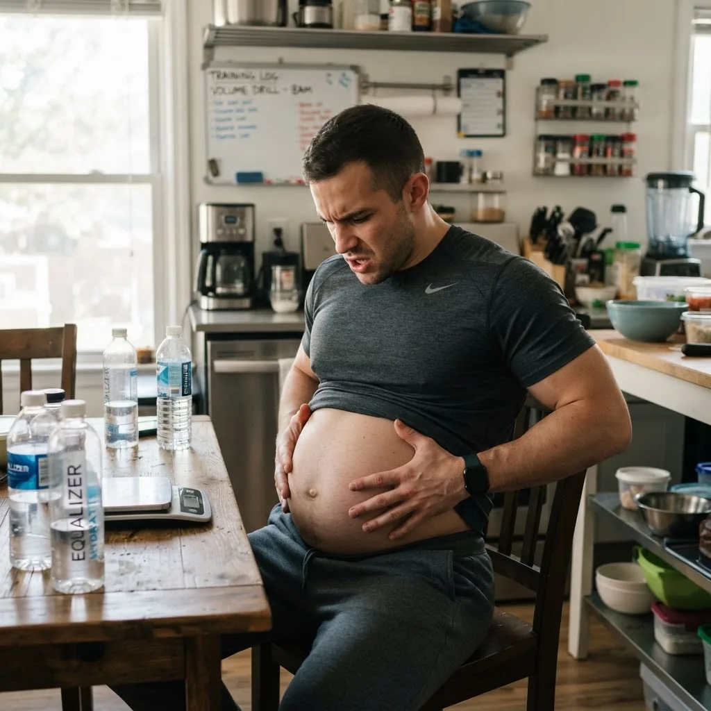 a professional eater practicing stomach expansion techniques at home; setting includes a kitchen with training equipment and water bottles,