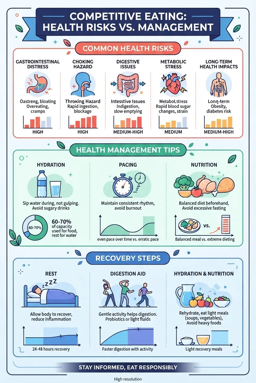 is a vertical infographic summarizing health risks vs. management strategies for competitive eating, divided into three sections: common