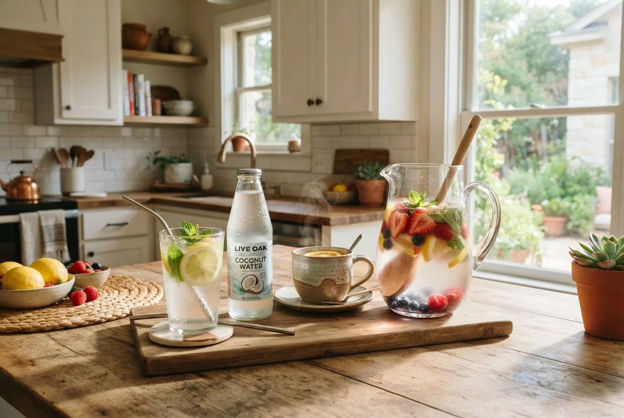 bright, sunlit kitchen scene showing a variety of hydrating beverages on a countertop including a glass of water with lemon, a bottle of