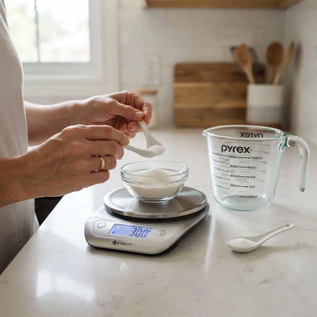 hands measuring 30 grams of granulated sugar on a kitchen scale, a 1-liter glass measuring jug, and 2.6 grams of table salt in a small
