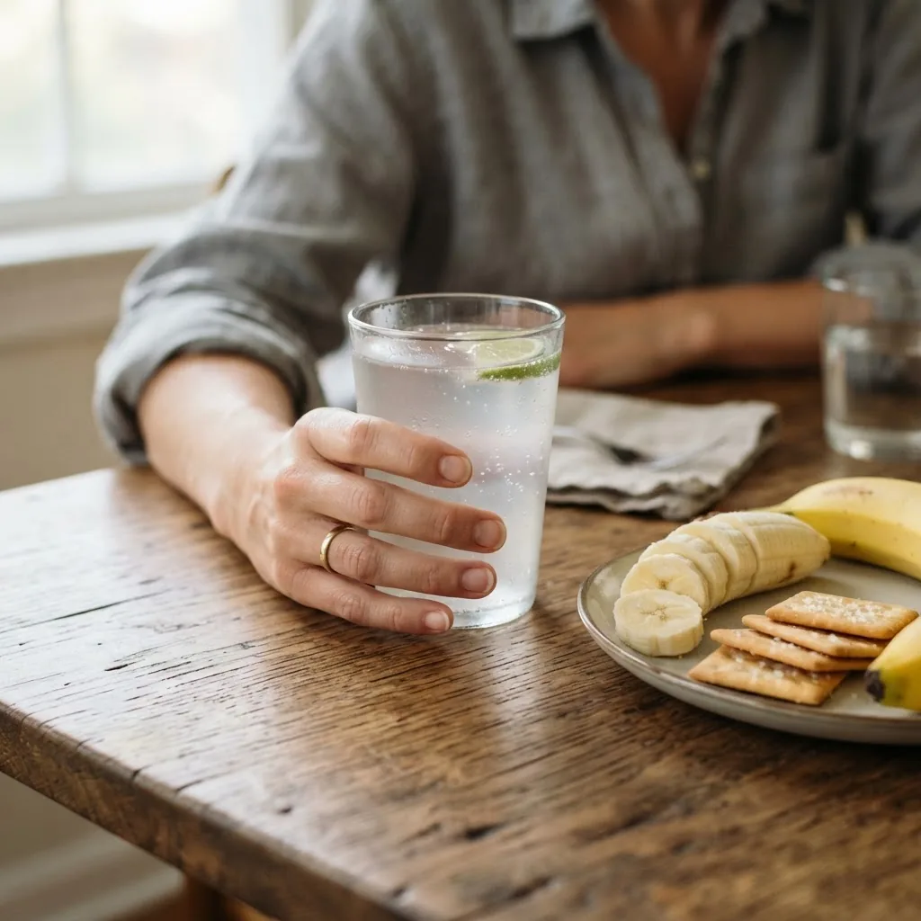 close-up of an adult's hand holding a glass of clear oral rehydration solution with subtle natural lighting, on a wooden table next to