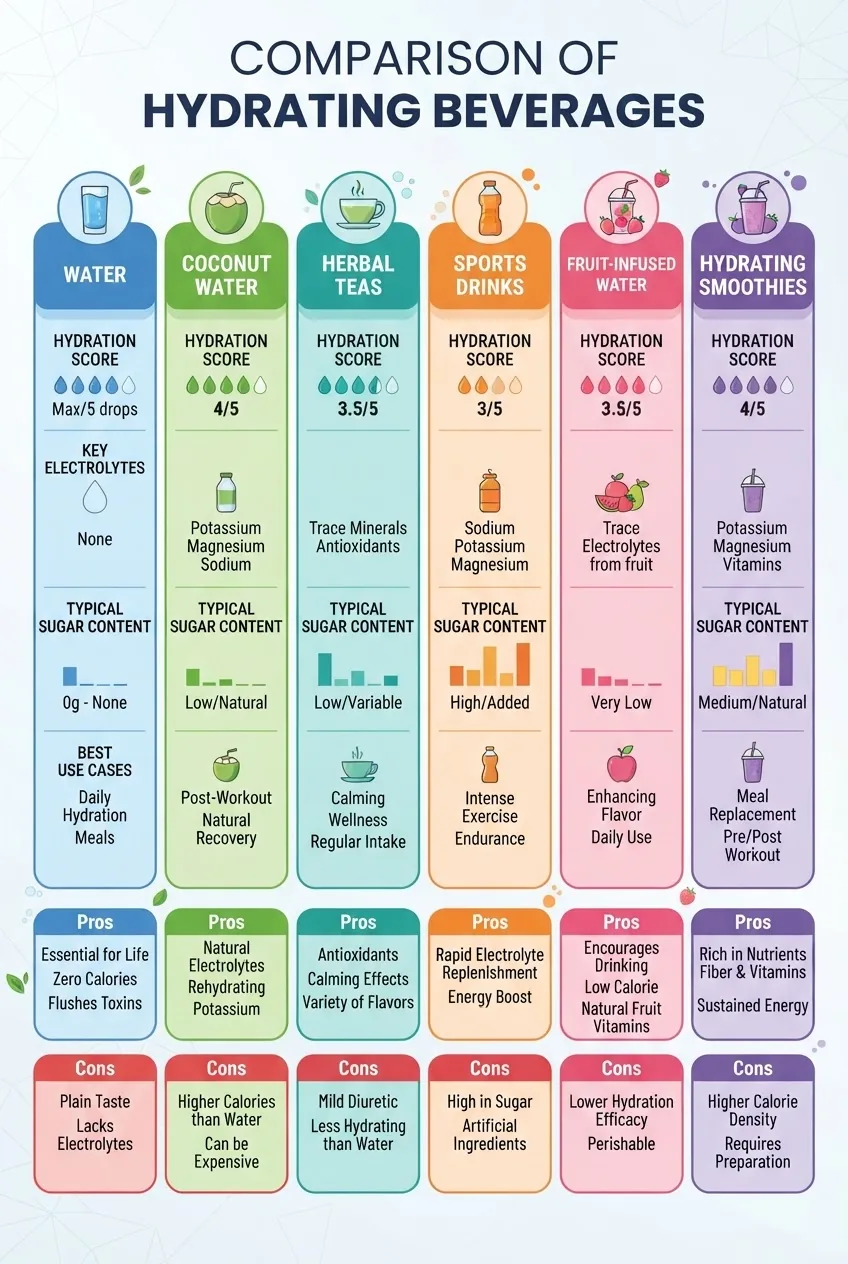 compares 6 hydrating beverage types in columns: water, coconut water, herbal teas, sports drinks, fruit-infused water, and hydrating