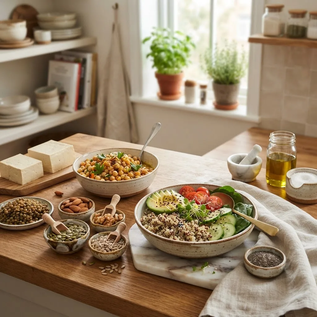 Bright, well-lit kitchen scene with a variety of plant-based complete protein foods displayed on a counter: quinoa bowl, tofu blocks,