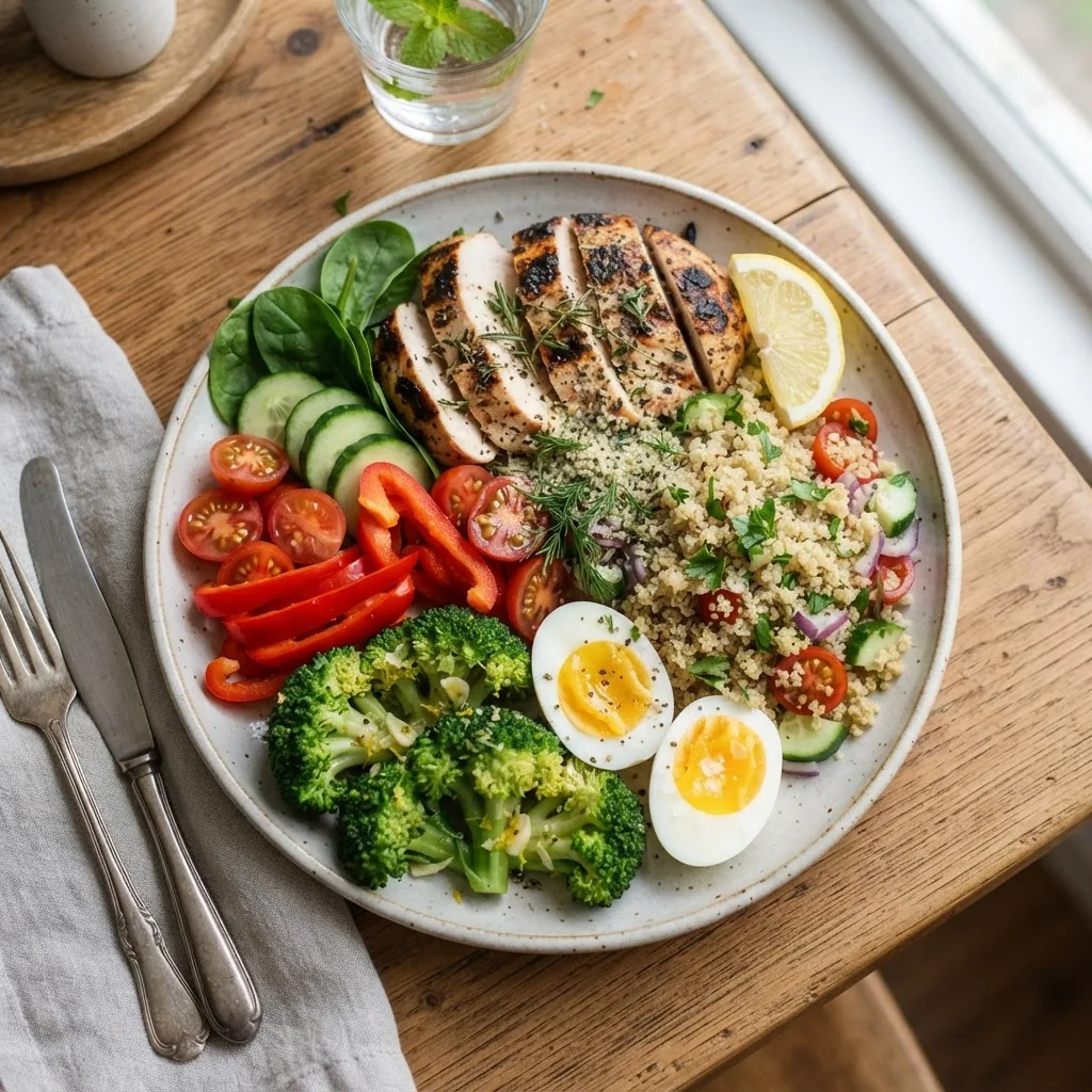 Close-up photograph of a colorful mixed plate with various complete protein foods including grilled chicken breast, quinoa, boiled eggs,