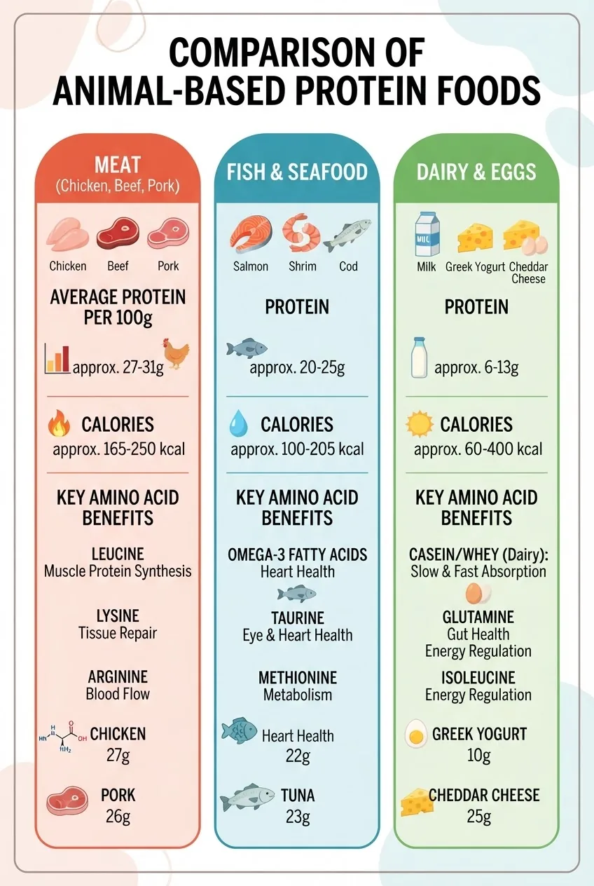 A clean infographic with three columns comparing animal-based protein foods: column one shows meat (chicken breast, beef, pork), column two