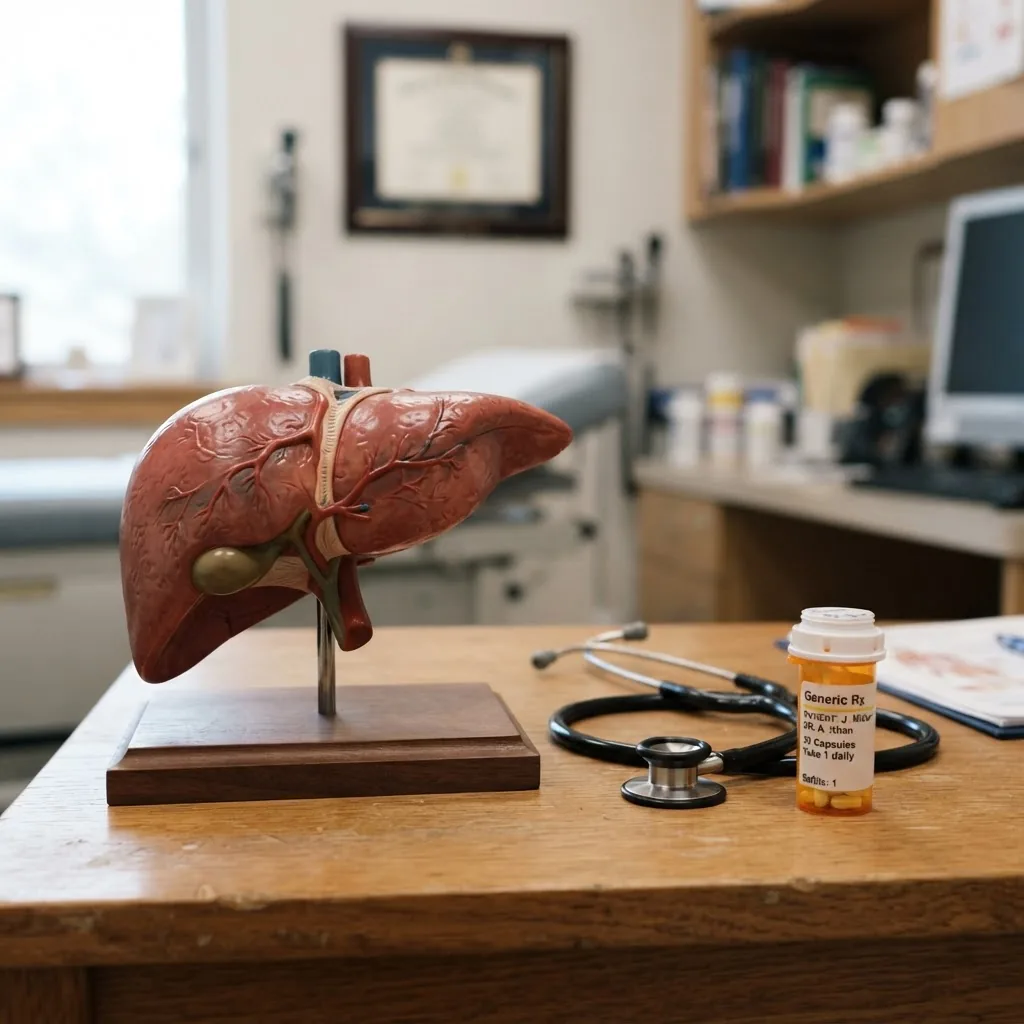 Side angle photo of a medical model of the human liver on a desk, next to a stethoscope and a bottle of prescription pills, in a clinical