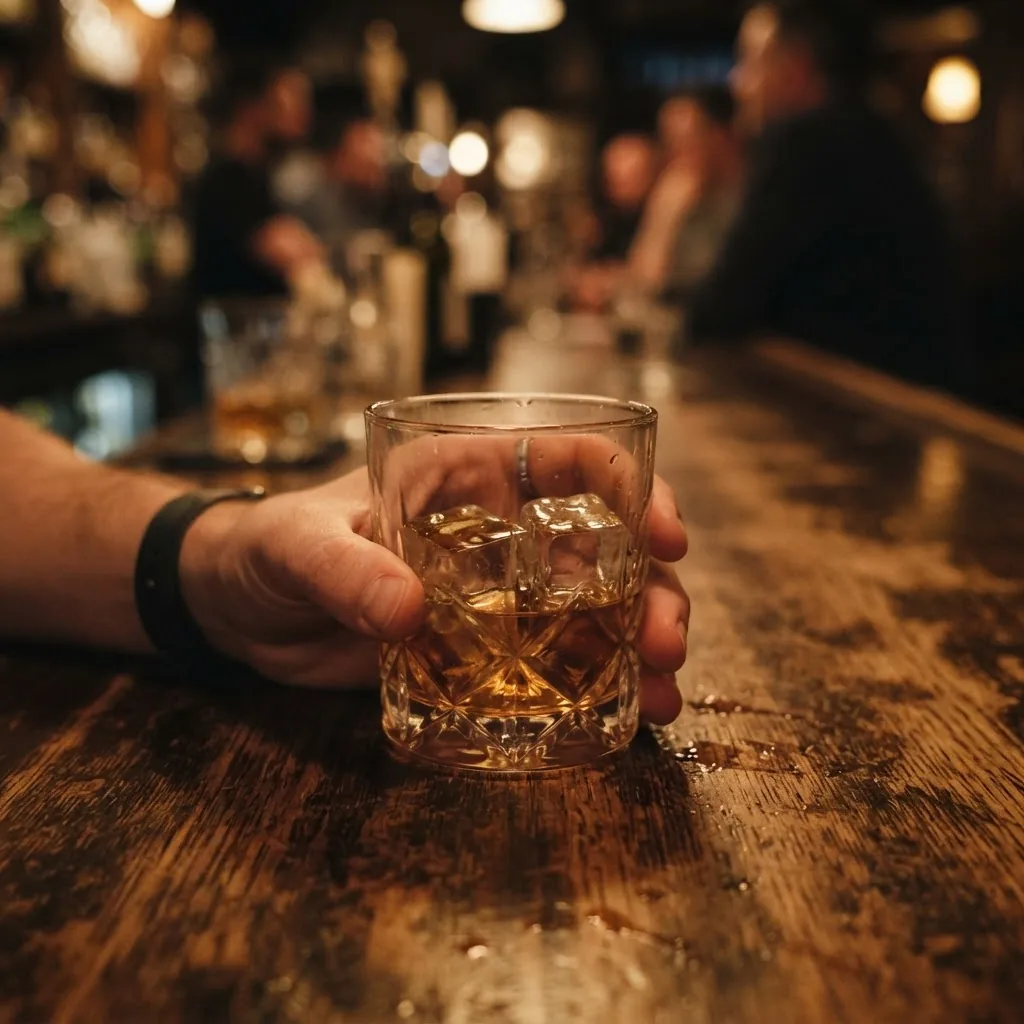 A close-up photo of a transparent glass with a moderate amount of whiskey on the rocks on a wooden bar counter with soft warm lighting,