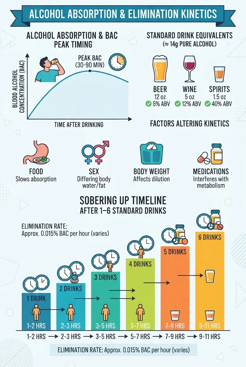 shows alcohol absorption, peak BAC timing, elimination rate (0.015% BAC per hour), standard drink equivalents with icons for