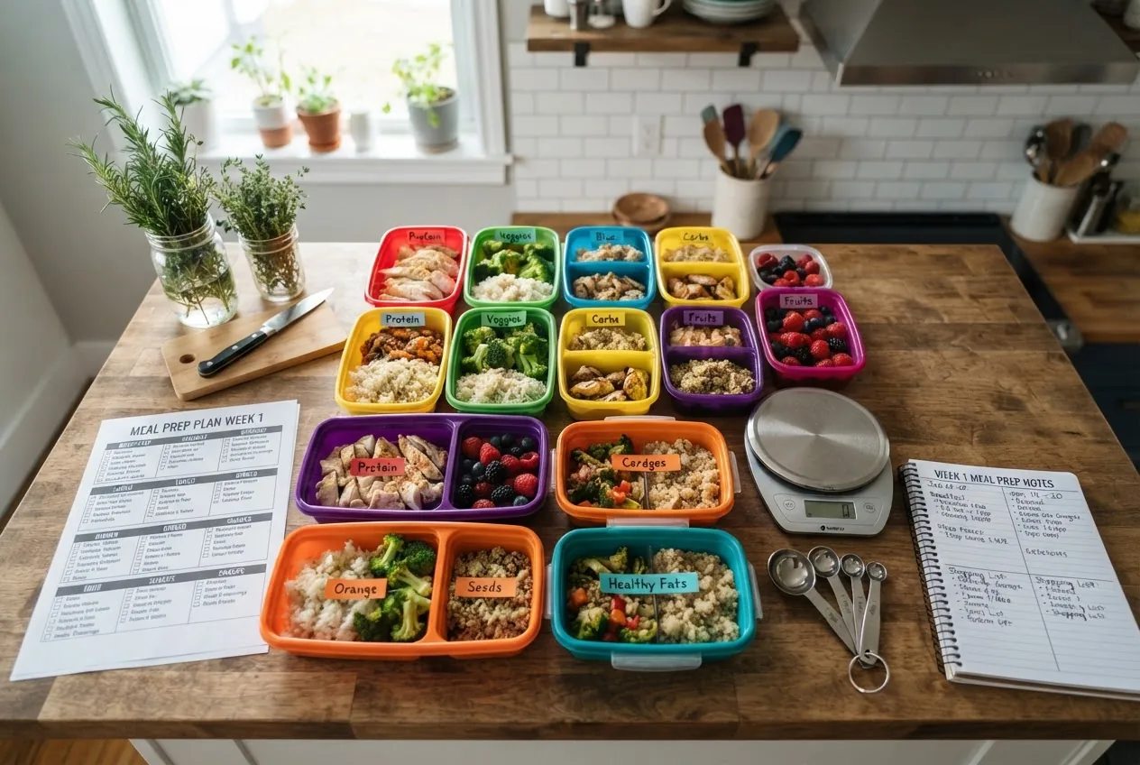 a 7-day printed meal plan with labeled color-coded portion containers laid out on a kitchen counter; include a kitchen scale, measuring