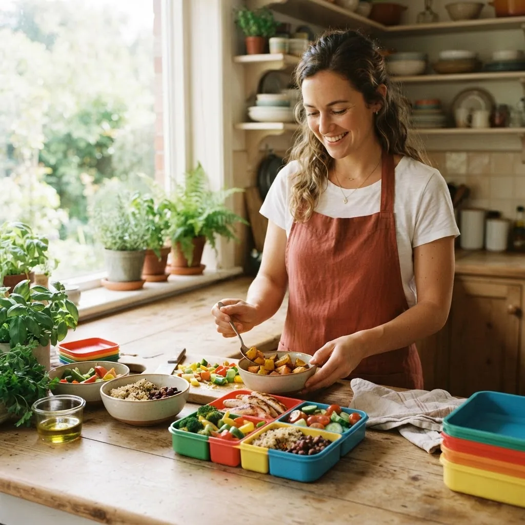A bright and inviting kitchen scene with a person using colorful portion control containers filled with various healthy foods including