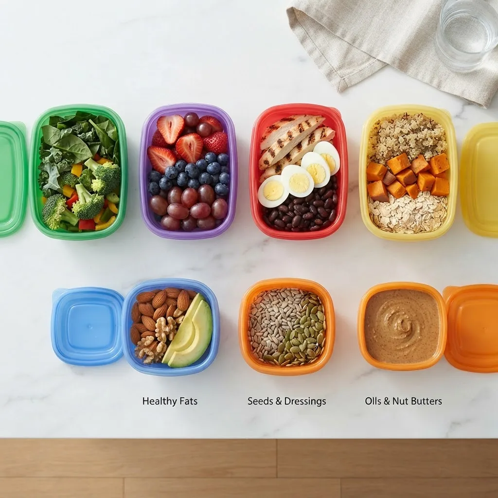 Top-down photo of the 21 Day Fix container system laid out on a white table, showing all colored containers with typical portioned foods