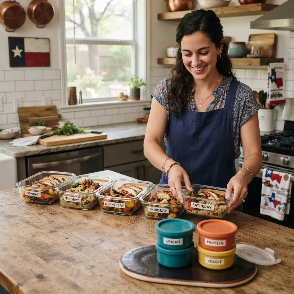 a person in a Texas kitchen arranging six reusable meal-prep containers on a counter, each container labeled with a day; include a visible