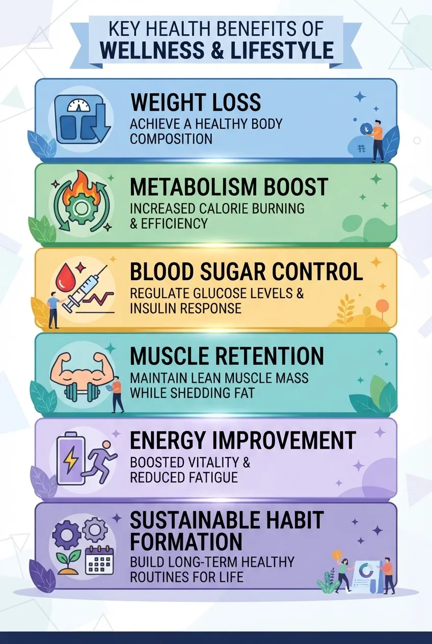 A visually engaging infographic with six segmented sections arranged vertically, each including an icon and brief stat or benefit label
