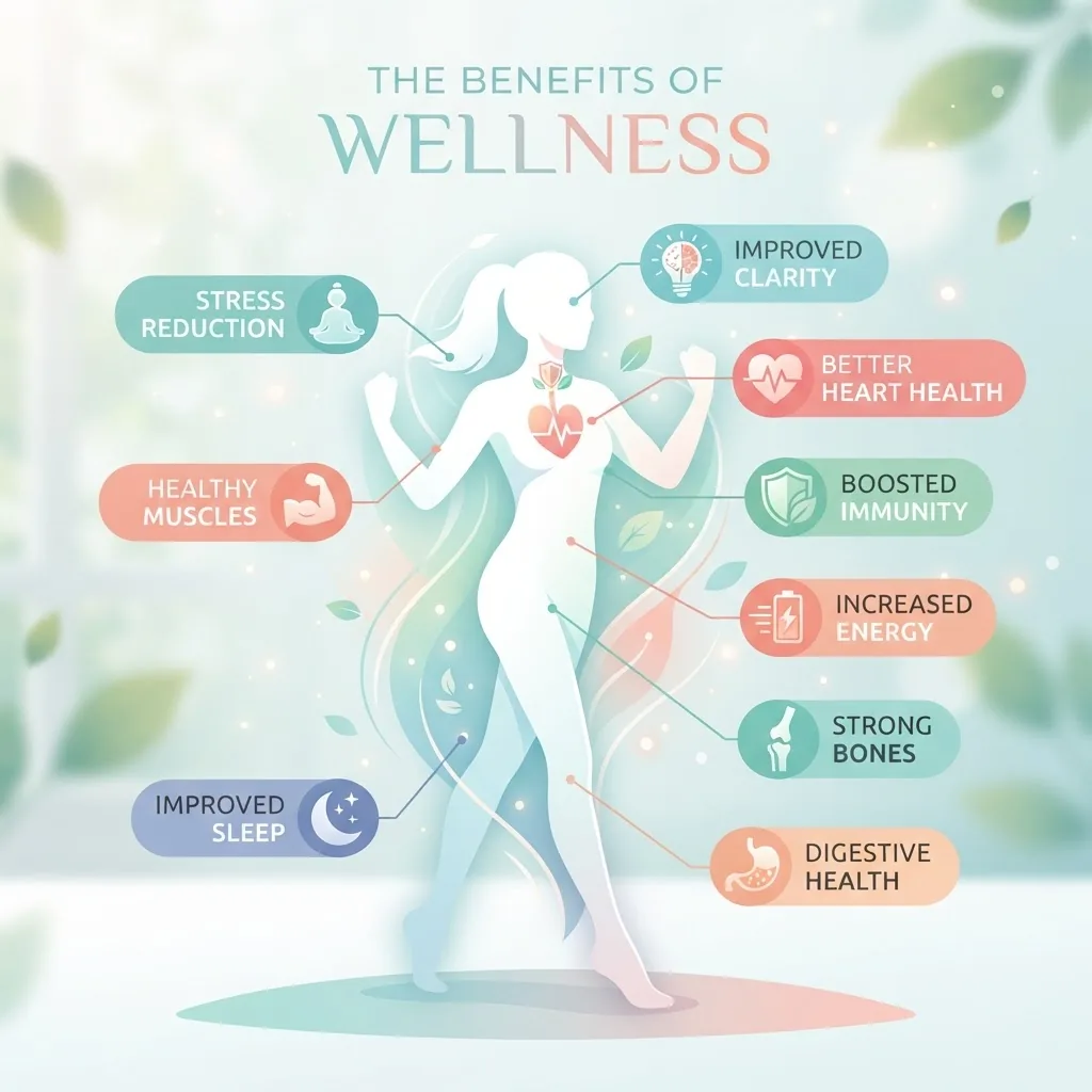 A simplified infographic-style photo showing a healthy human silhouette with labeled benefits (e.g., better heart health, improved energy,