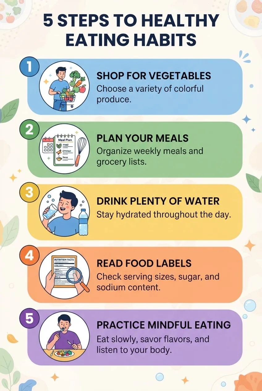 A clean infographic with five numbered steps illustrated with icons—each step showing practical actions like shopping for vegetables,