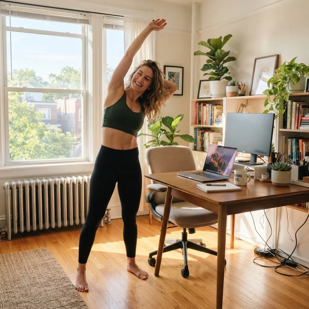 bright morning home setting with a person stretching next to a neatly organized workspace, natural sunlight streaming through a window,