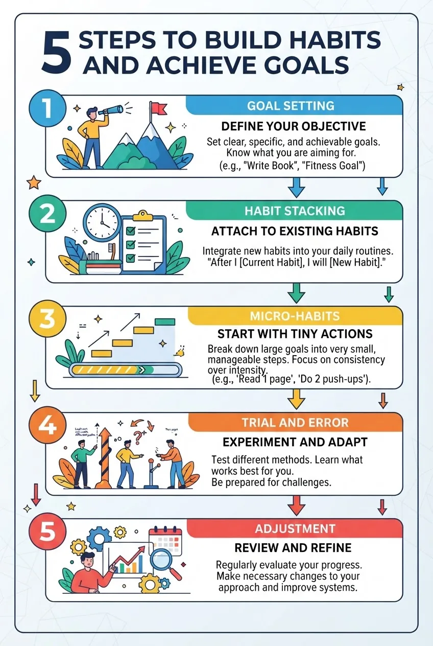 is a vertical infographic divided into 5 sequential steps with icons: goal setting, habit stacking, micro-habits, trial and error, and