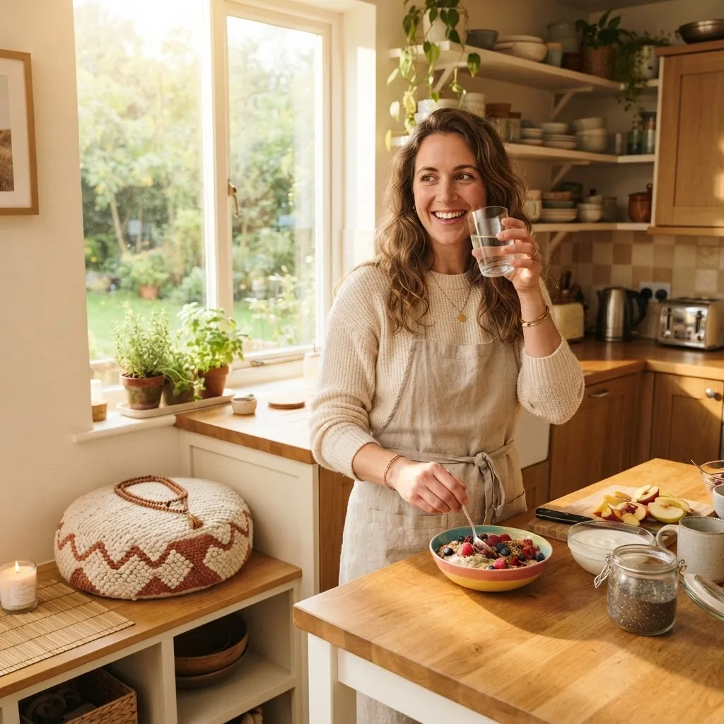 bright, cheerful morning kitchen scene featuring a person preparing a healthy breakfast and drinking water, with visible elements