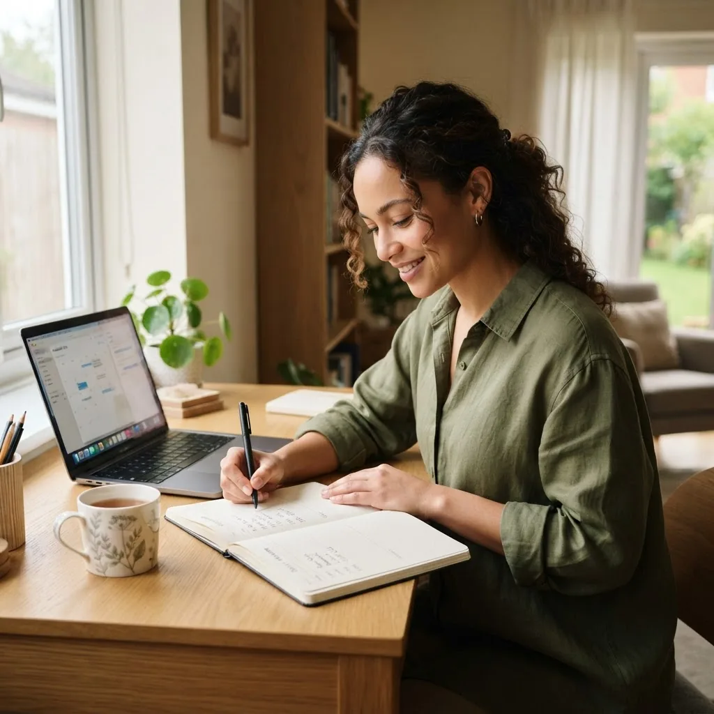 a diverse adult person sitting at a tidy desk with a laptop and notebook, actively creating a daily schedule; natural daylight from a