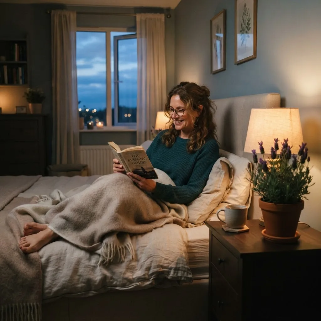 Peaceful bedroom scene at dusk with a middle-aged adult reading a book with soft warm lighting, lavender plant on nightstand, calm and