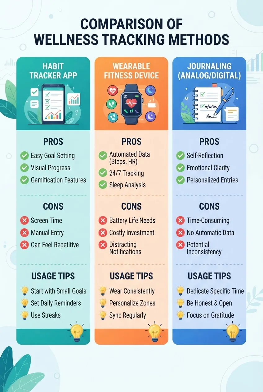 A clean infographic with three columns comparing wellness tracking methods: habit tracker app, wearable fitness device, and journaling;