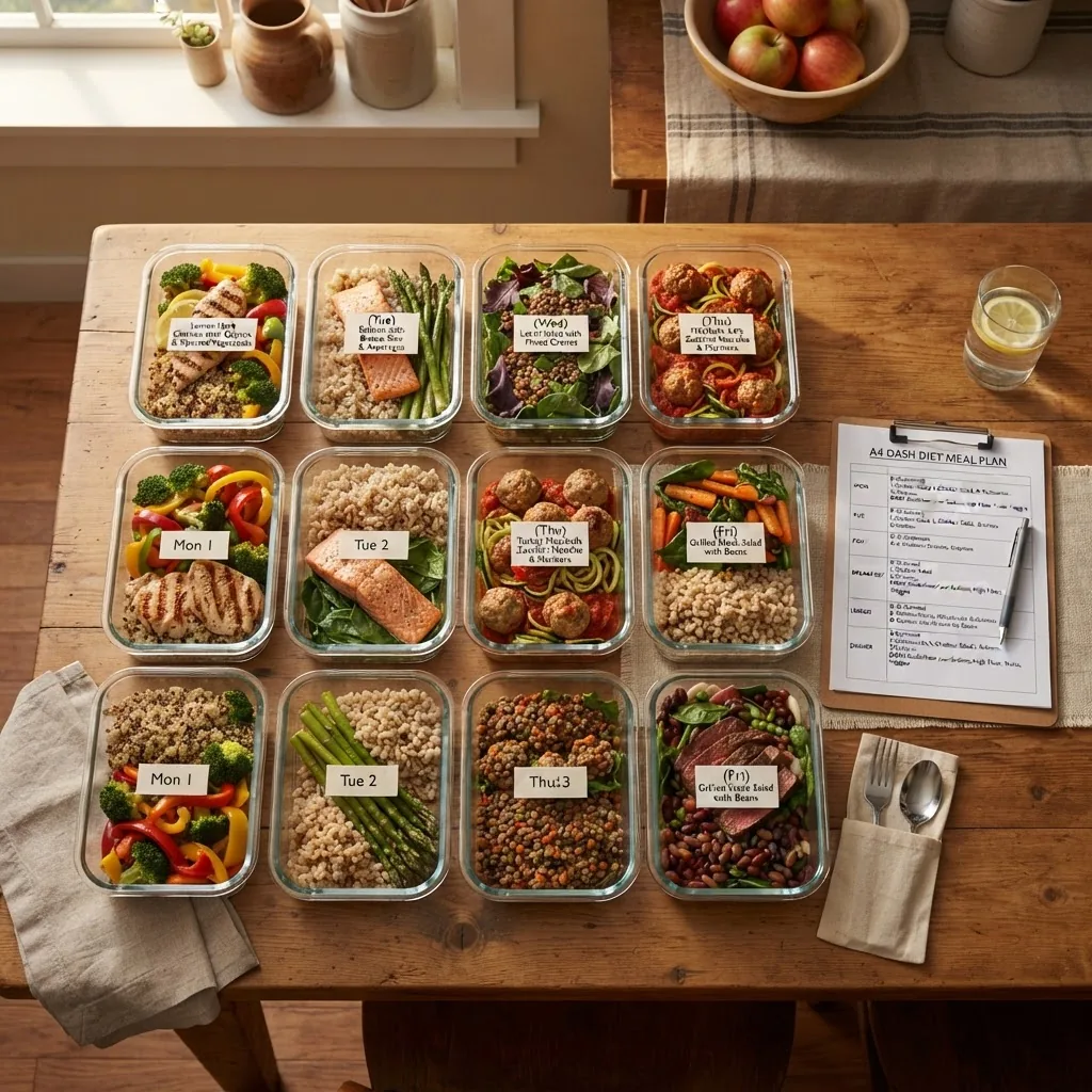 a week’s worth of prepared DASH diet meals in clear glass containers on a kitchen table, colorful plates featuring vegetables, lean