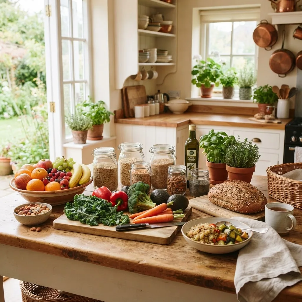 bright, inviting kitchen scene with fresh fruits, vegetables, whole grains, and heart-healthy foods arranged on a wooden counter, natural