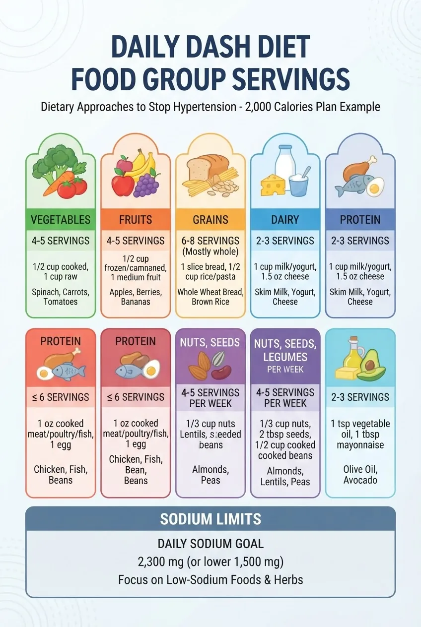 illustrates daily DASH diet food group servings in icons and short stats: servings of fruits, vegetables, grains, dairy, protein, fats,