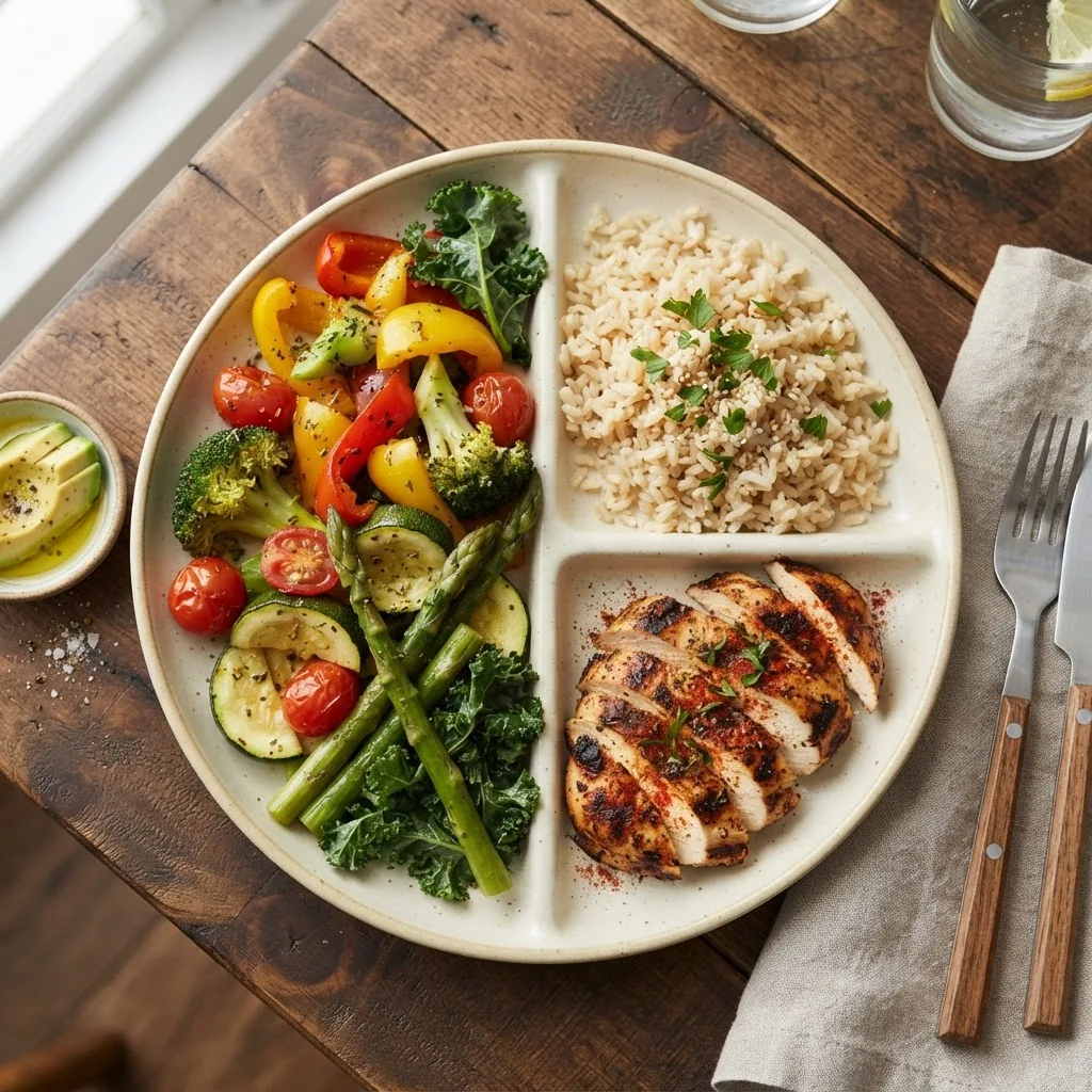 a single-plate meal template with clearly separated sections: half vegetables, quarter protein (grilled chicken), quarter whole grains
